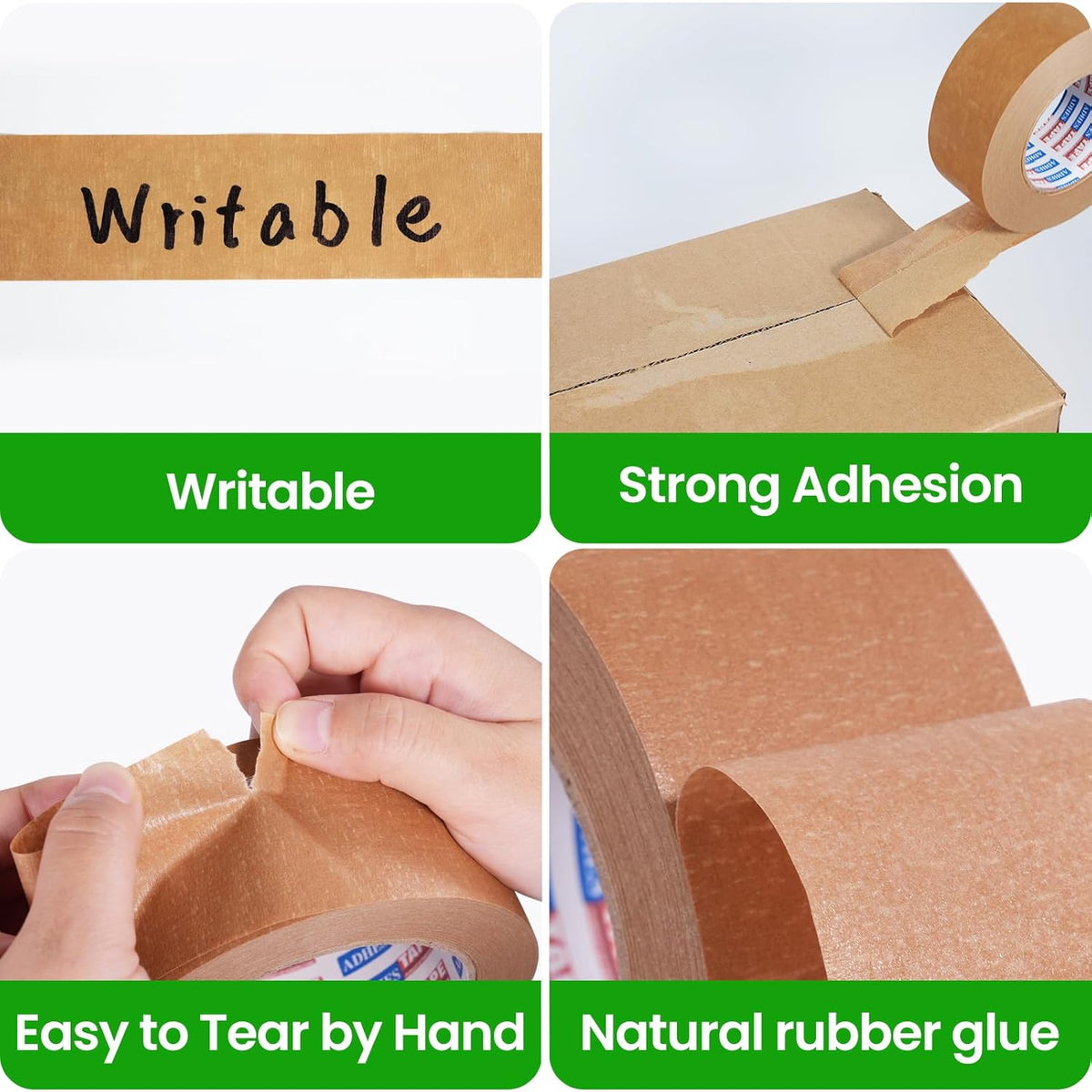 ADHES Kraft Paper Tape, 2 Inch x 60 Yards x 6 Rolls, Biodegradable Paper Packing Tape Writable & Uncoated Brown Shipping Tape for Shipping, Moving, Sealing