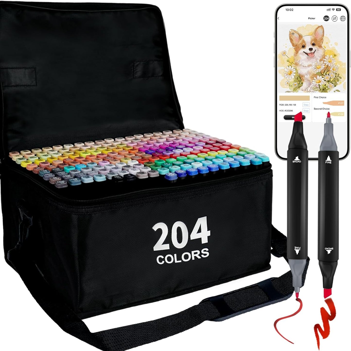 Alcohol Markers with APP, 204 Colors Dual Tip Art Marker for Adults Coloring Books, Alcohol Based Illustration Markers Set for Adult Artist Drawing Sketching Painting Lettering Cards