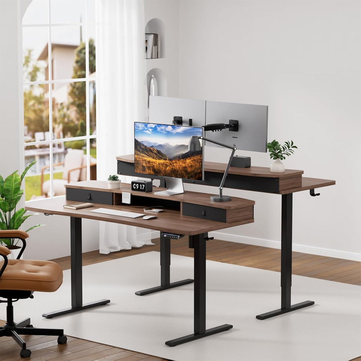 HUANUO 55" x 26" Electric Standing Desk with 2 Drawers, C-Clamp Mount Compatible, Height Adjustable Computer Desk, Home Office Stand Up Desk with 4 Preset Heights & 2 Hooks, Walnut