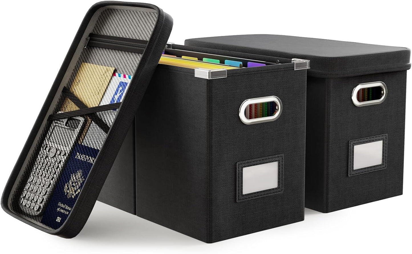 Oterri File Organizer Box with Lid, Hanging Filing File Box with Mesh Pocket, Document Organizer Box for Letter Files, Portable Storage Box with Smooth Sliding Rail for Office&Home (2 PCS, Black)