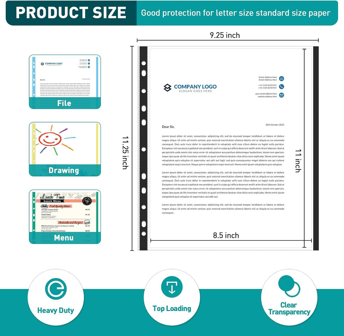 Sheet Protectors, PANDRI 300 Pack Color Heavy Duty Plastic Page Protectors Sheet Reinforced 11-Hole Fit for 3 Ring Binder Fits Standard 8.5 x 11 Paper, 9.25 x 11.25 Top Loaded, Excluding Acid
