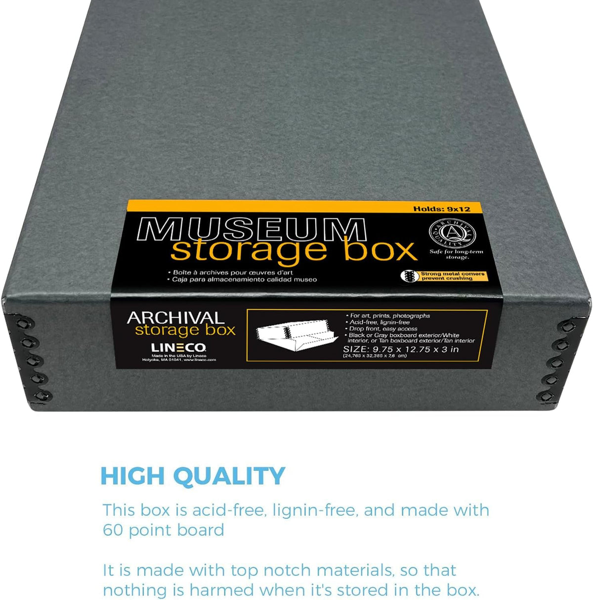 Lineco Museum Archival Storage Box, 9.75x12.75x3 in. Drop Front Design. Acid-Free with Metal Edge. Organize Photos, Pictures, Prints, Documents, Crafts, DIY. Gray, 2 Pack