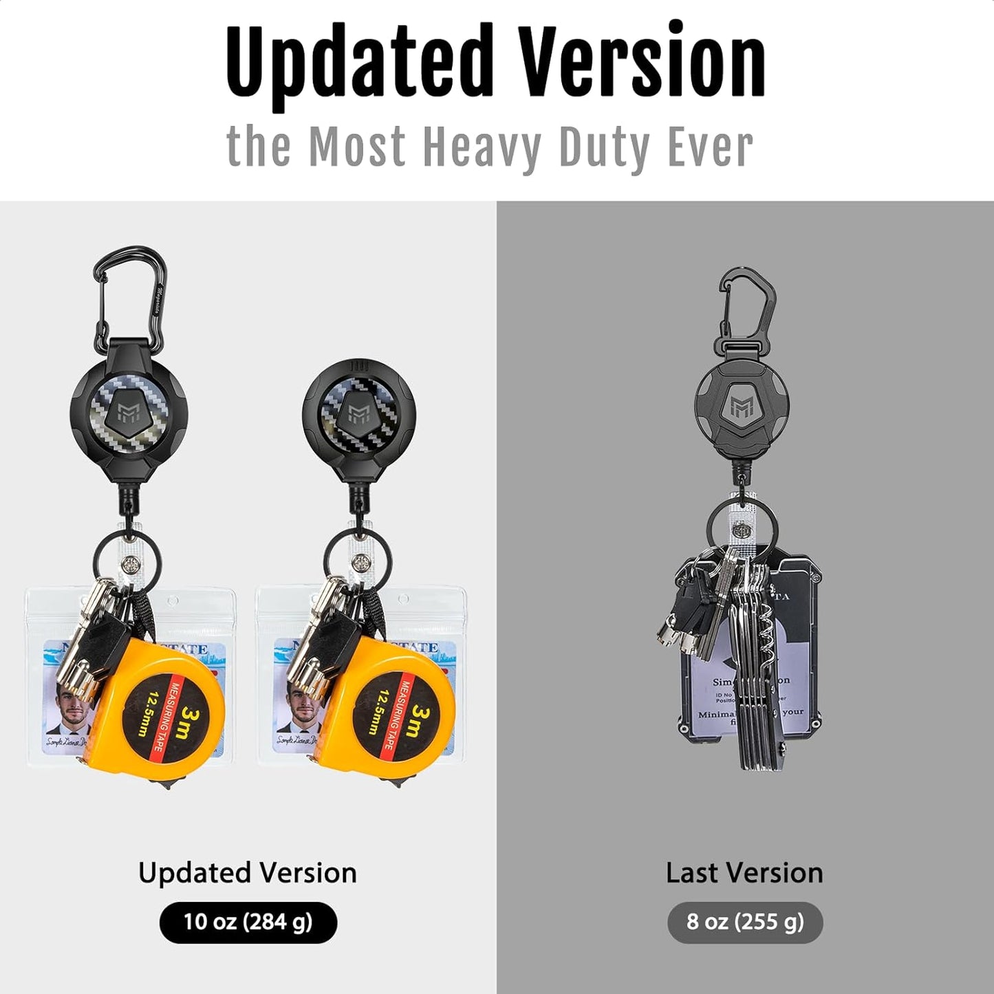 MNGARISTA Upgraded Heavy Duty Retractable Keychain, Belt Clip Ver. & Carabiner Ver., 10 oz Retraction, 31.5" Stainless Steel Cable, 3K Carbon Fiber Tactical ID Badge Reel Key Chain Retractor, 2 Pack