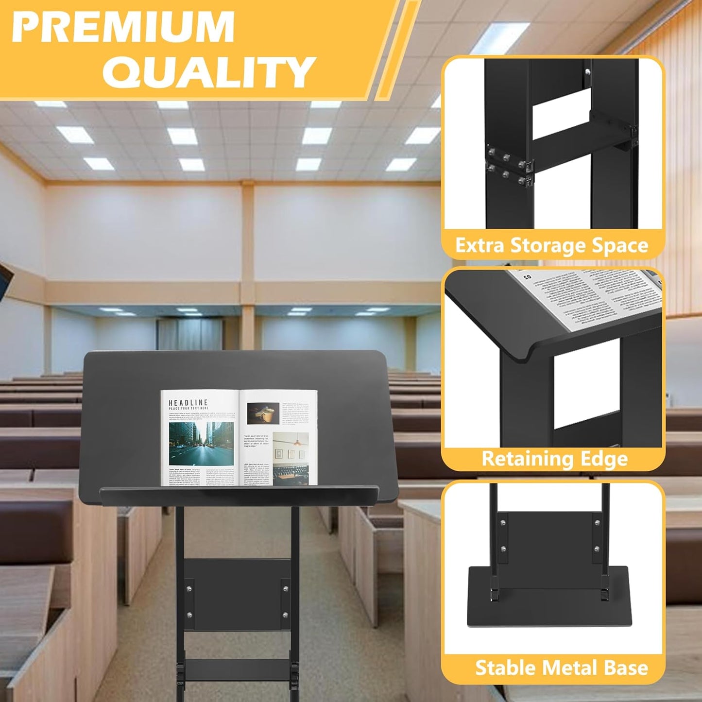 Podium Stand, Lecterns & Podiums, Acrylic Adjustable Angles with Metal Base, Podium for Church, Weddings, Classroom, Speech, 24" L x 16" W x 43.5" H, Black