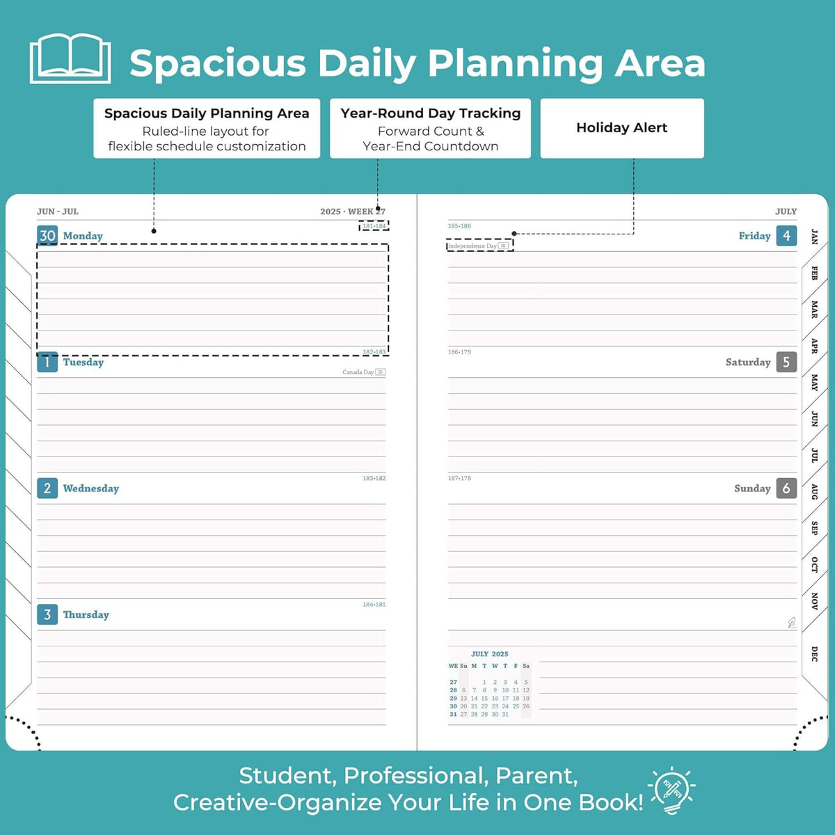 Planner 2025-2026 Daily Weekly and Monthly,11.5"x8.5",18 Months Spiral Bound Calendar Agenda with Self-adhesive Pen Holder,2026 Academic Plan with Vegan Leather Soft Cover,Light Blue