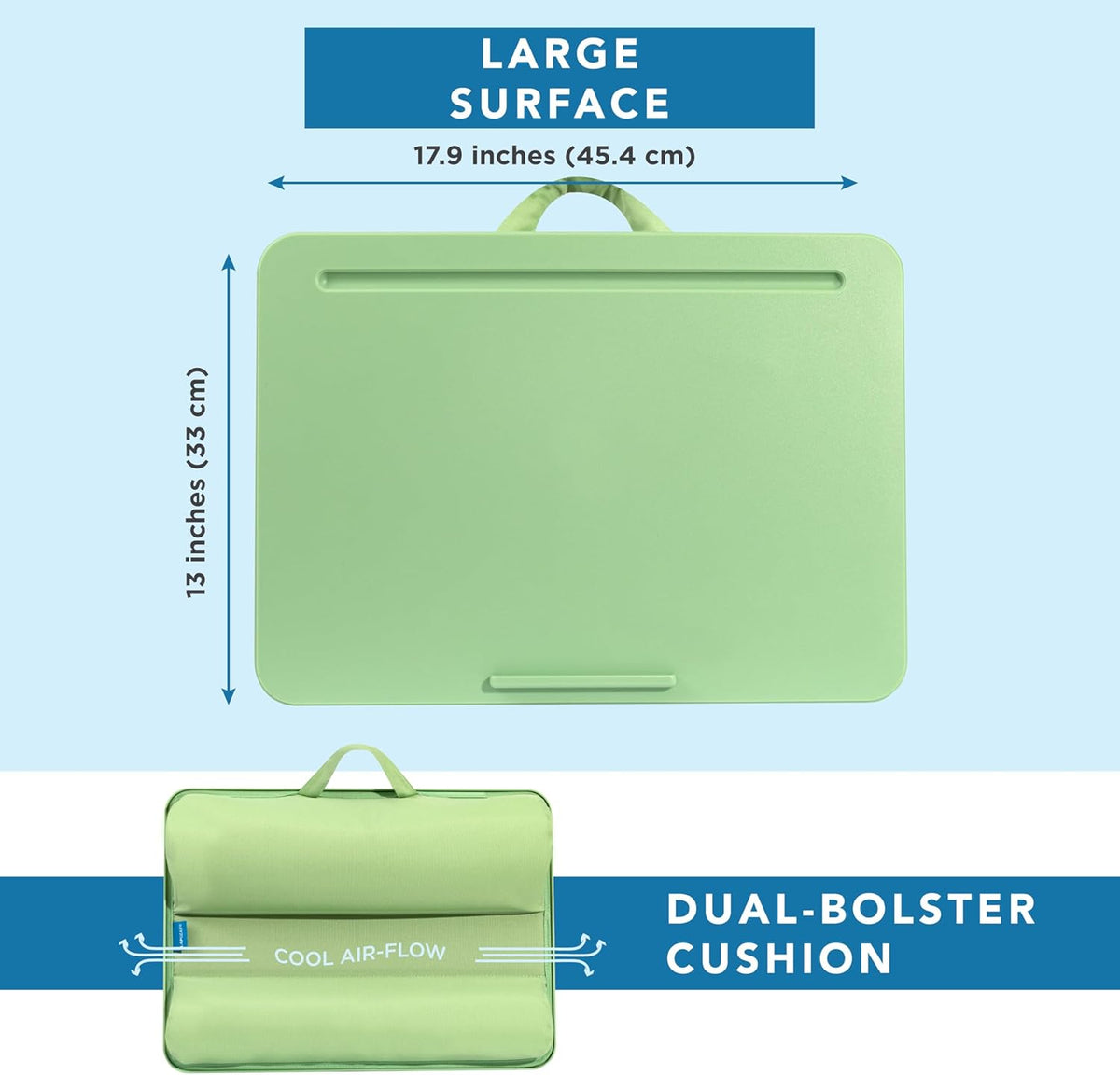 LAPGEAR Original Lap Desk – Large (17.9” x 13”) | Fits Up to 17.3” Laptops | Cushioned with Device Ledge, Pencil Tray & Handle | Portable & Lightweight | 12-Pack | Sage Green – Style No. 45001