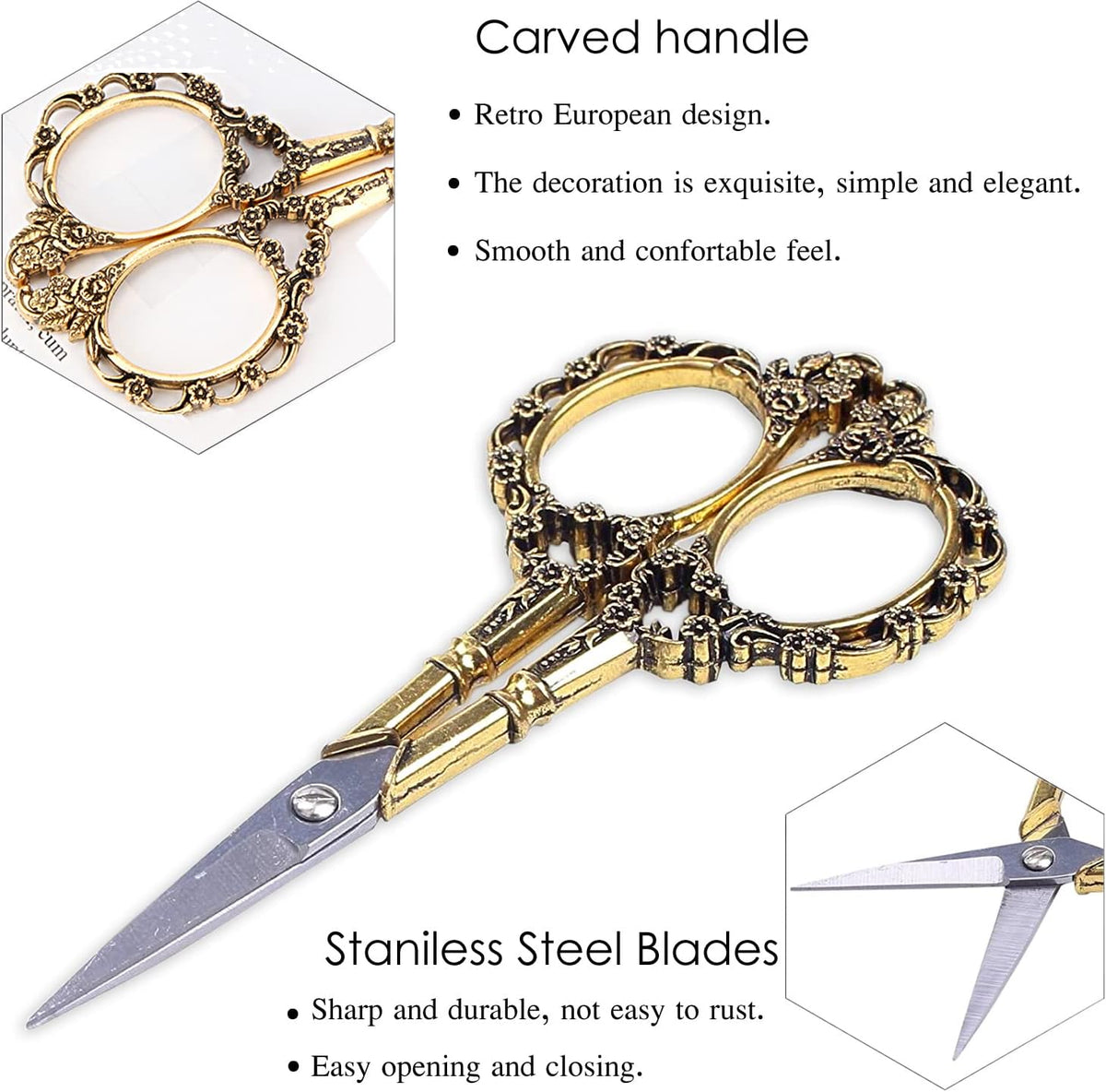 BIHRTC 4.5inch Small Sewing Scissors with Leather Case Sharp Tip Stainless Steel Scissors Vintage Shears Detail Yarn Thread Snips for Office Home Sewing Supplies Cross Stitch Needlework DIY Gold