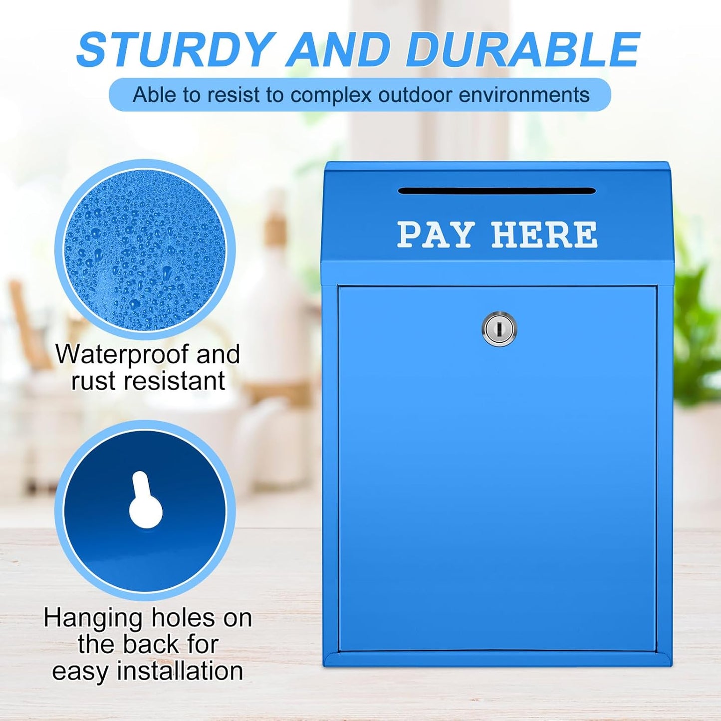 Safe Cash Box Money Collection Metal Donation Box with Lock Wall Mount Pre Drilled Mailbox Delivery Ballot for Home Office Outdoor Self Serve Stand(Blue,11.8 x 8.6 x 4.7 Inch)