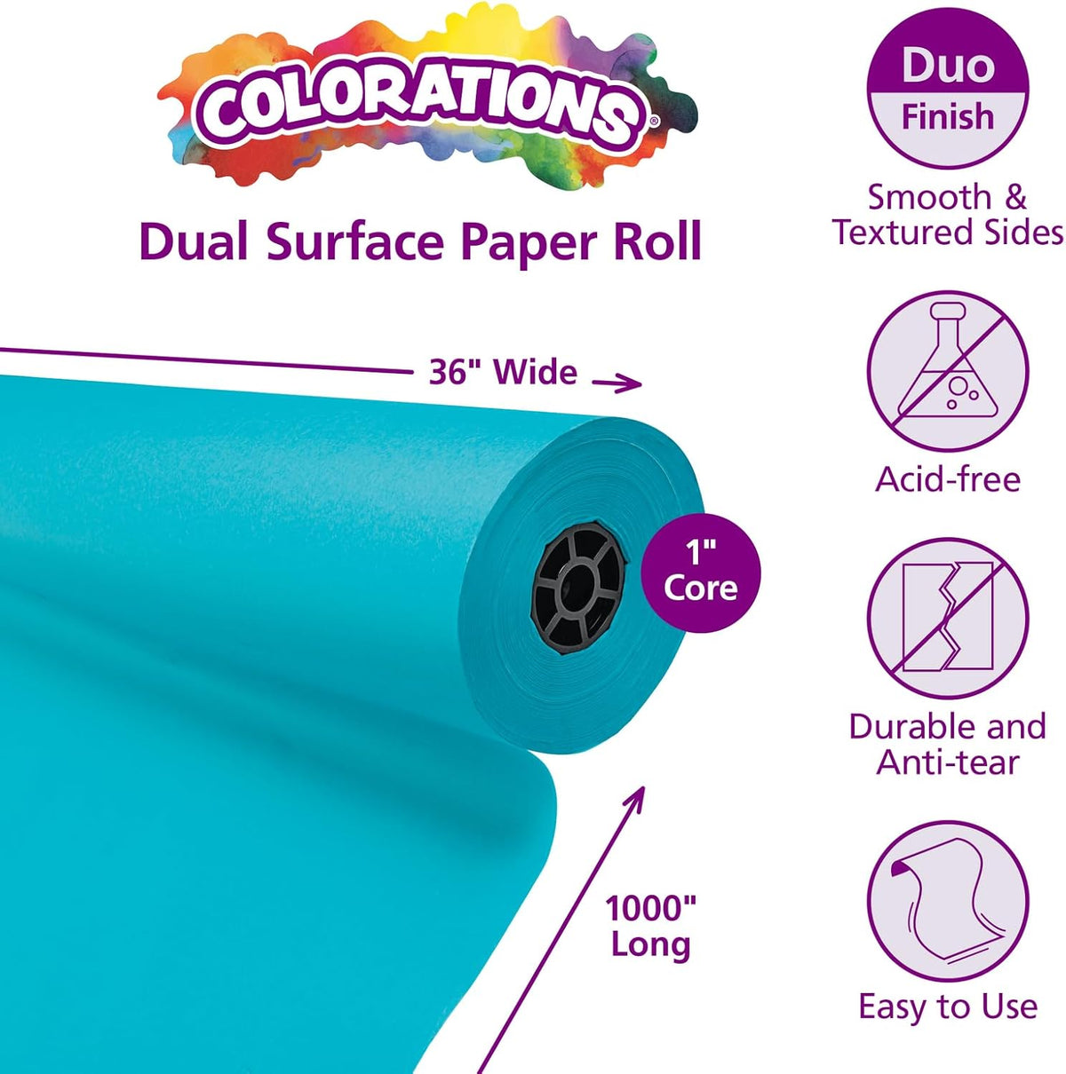Colorations Arts and Crafts Paper Roll - 36" x 1000', Aqua, Dual Surface, Markers, Finger Paints, Painting, Watercolors, Acrylic Paints, Wall Art, Bulletin Board Paper, Kids Crafts (Item # DSLB)