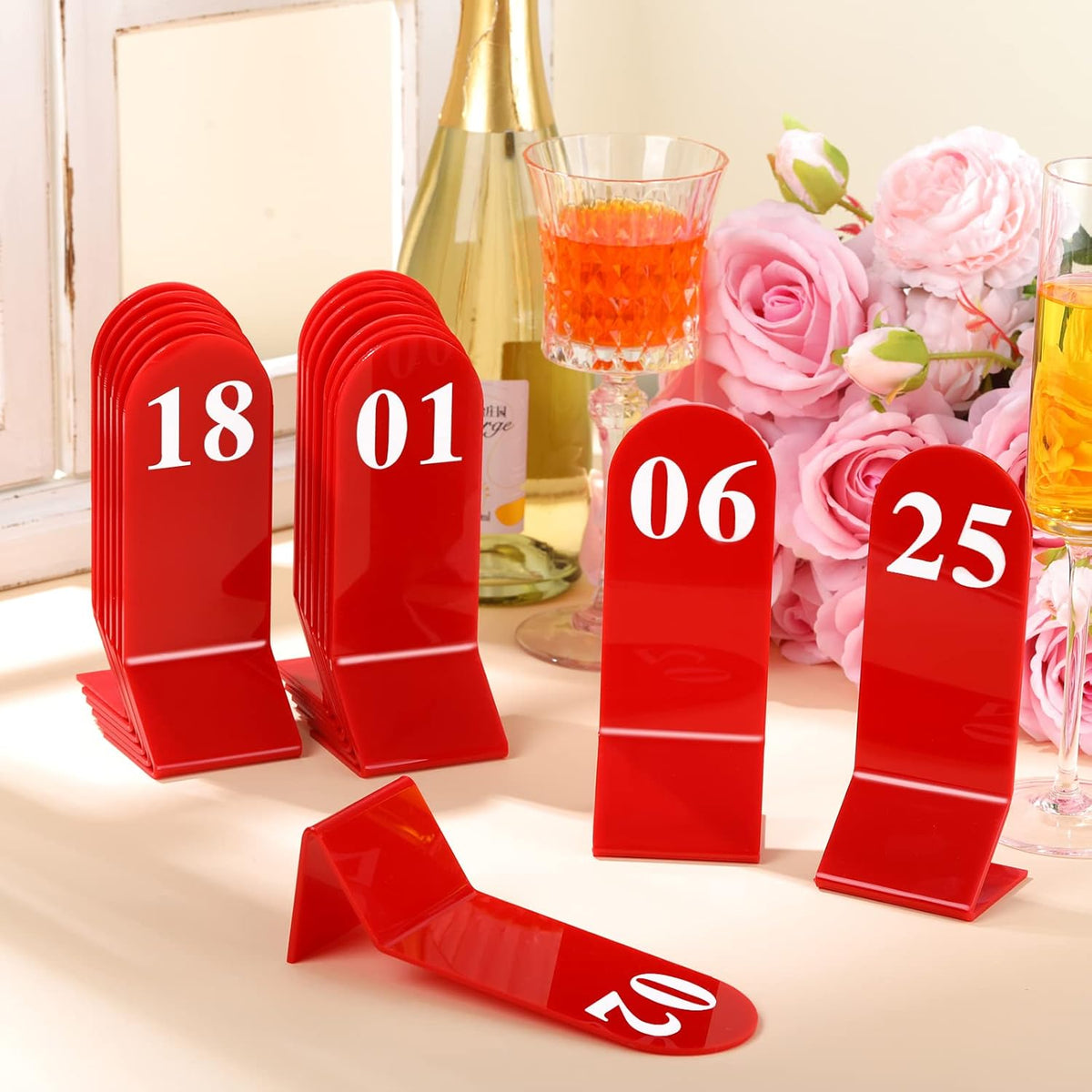 Remerry 50 Pcs Table Numbers 1-50 Acrylic Double Sided Number Cards Acrylic Tent Table Holders Tent Cards Wedding for Restaurant, 2.36 x 6.3 Inch (Red)