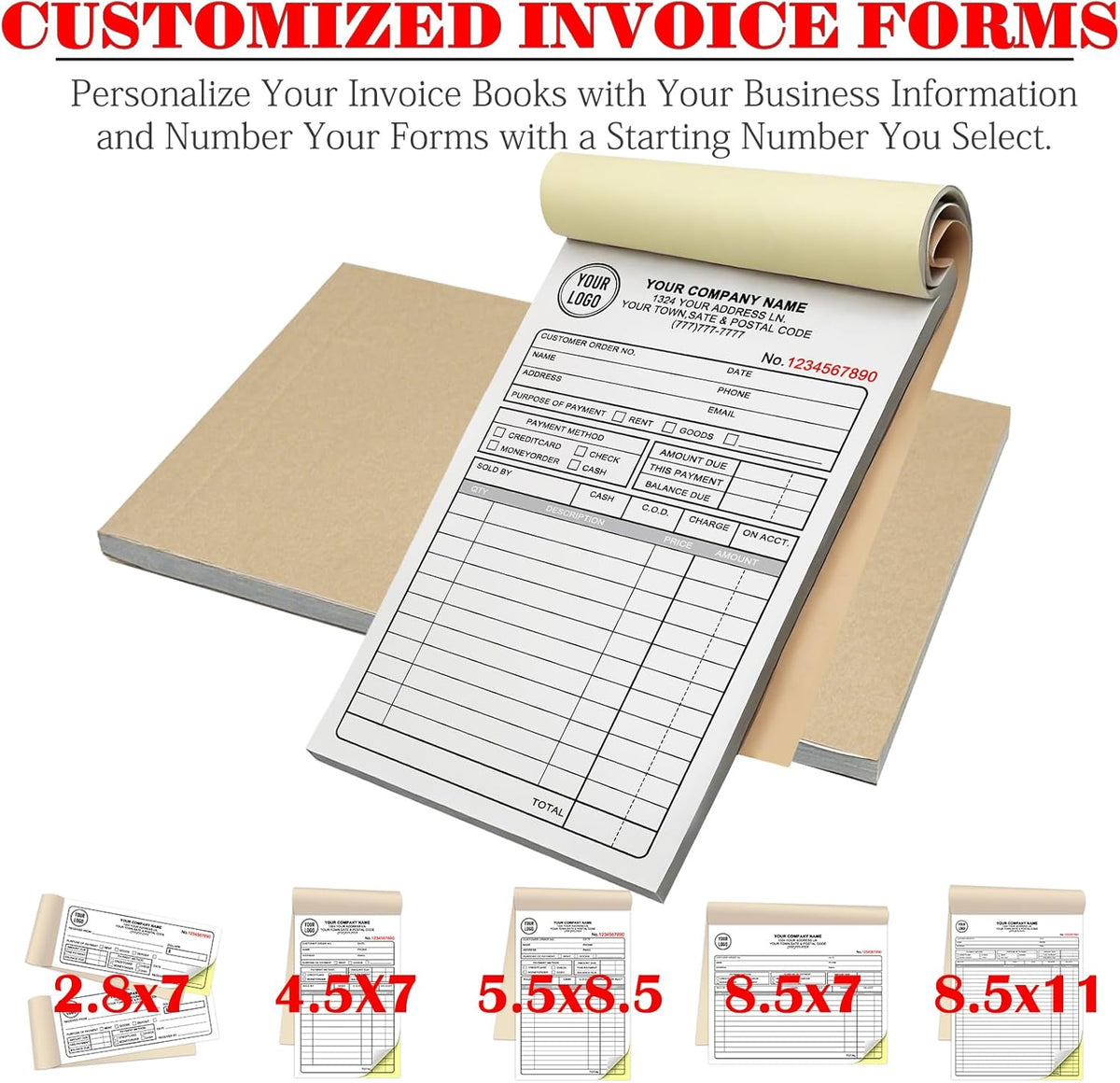 Custom Invoice Book for Small Business,2.8 x7 Inches Invoice Receipt Book,2-Part Carbonless Forms, Personalized Company Name, Address, Phone Number