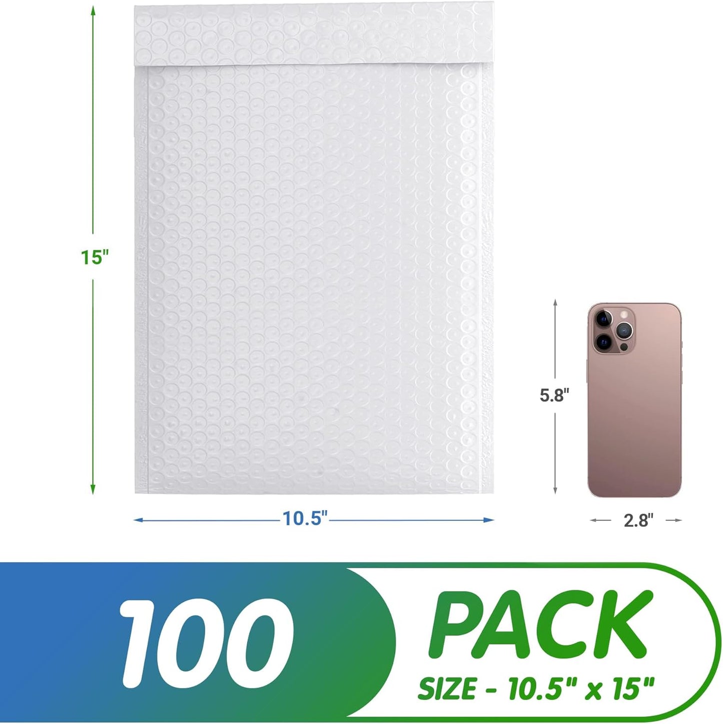 White Poly Bubble Mailers Self Seal, 10.5 x 15 Inch. Pack of 100 Bubble Packaging Envelopes for Shipping. Durable Padded Envelopes Waterproof. Self Seal Padded Mailers. Shipping Packages