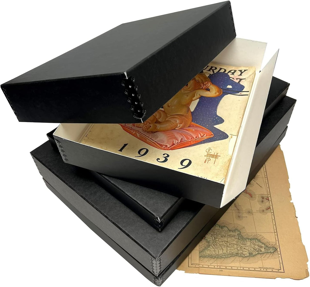 Lineco Museum Archival Storage Box, 11.75x18.25x3 in. Drop Front Design. Acid-Free with Metal Edge. Organize Photos, Pictures, Prints, Documents, Crafts, DIY. Black, 2Pack