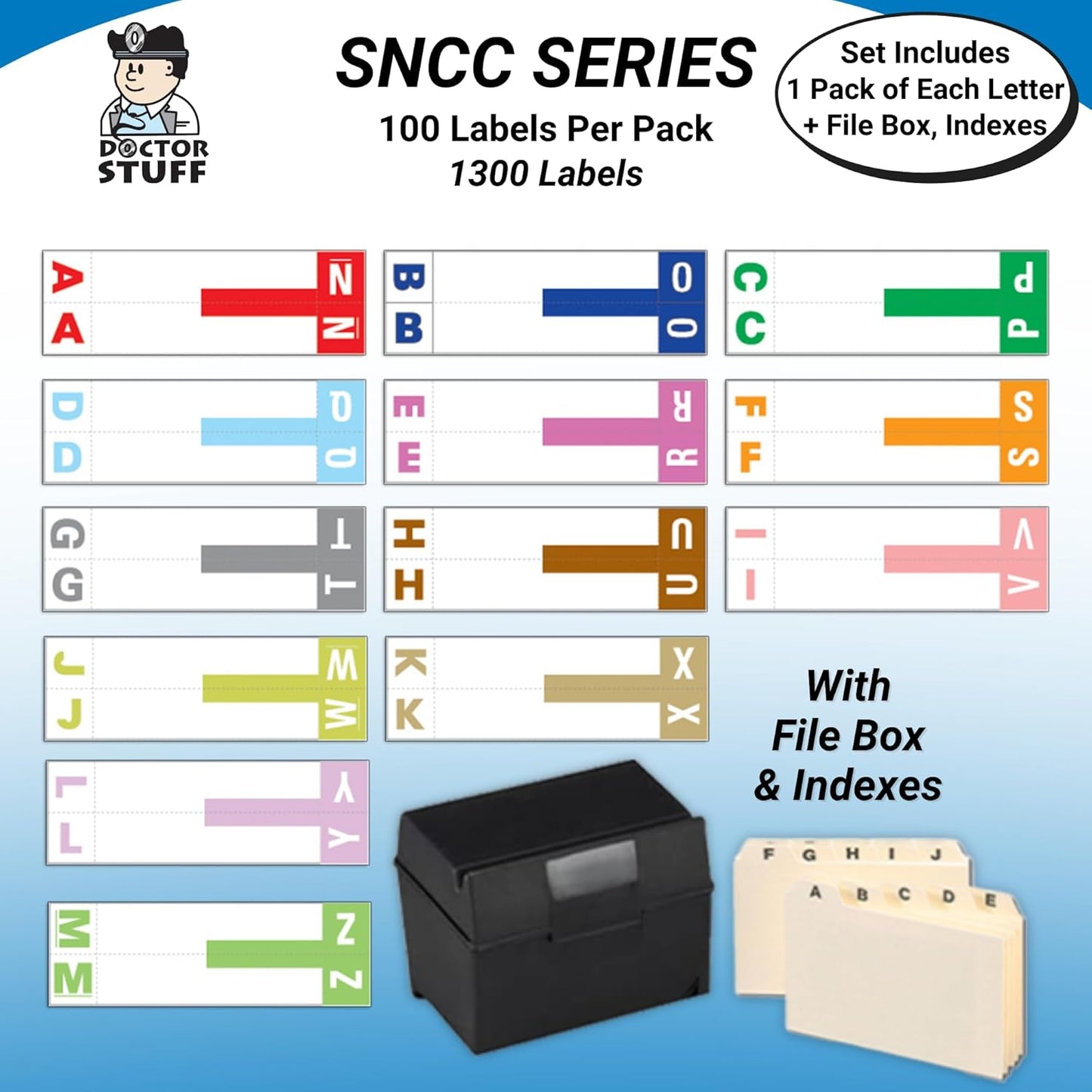 Alphabet Labels for File Folders, A to Z Complete Set with File Box and Indexes, Doctor Stuff, 100 Stickers of Each Letter, 1300 Labels, Compatible with Smead SNCC Series, Medical Chart Labels