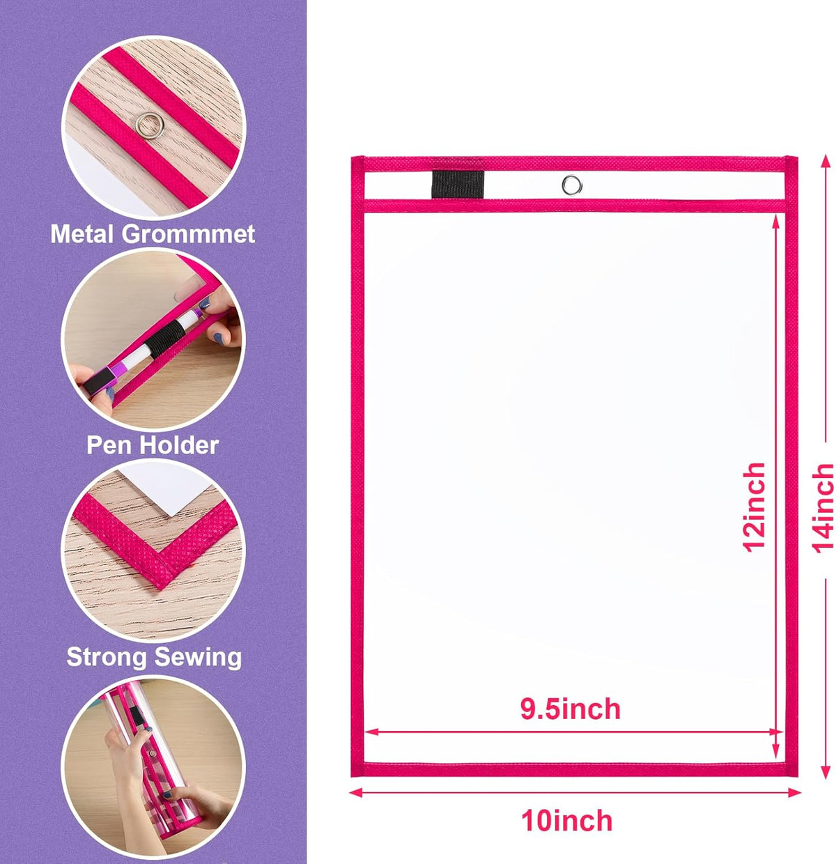 Nezyo Dry Erase Pockets Plastic Job Ticket Holders Shop Holder Order Pockets Clear Sleeves Tickets Folders Plastic Sleeves Paper Teacher Supplies for Classroom(14 x 10 in,Rose Red,50 Pcs)