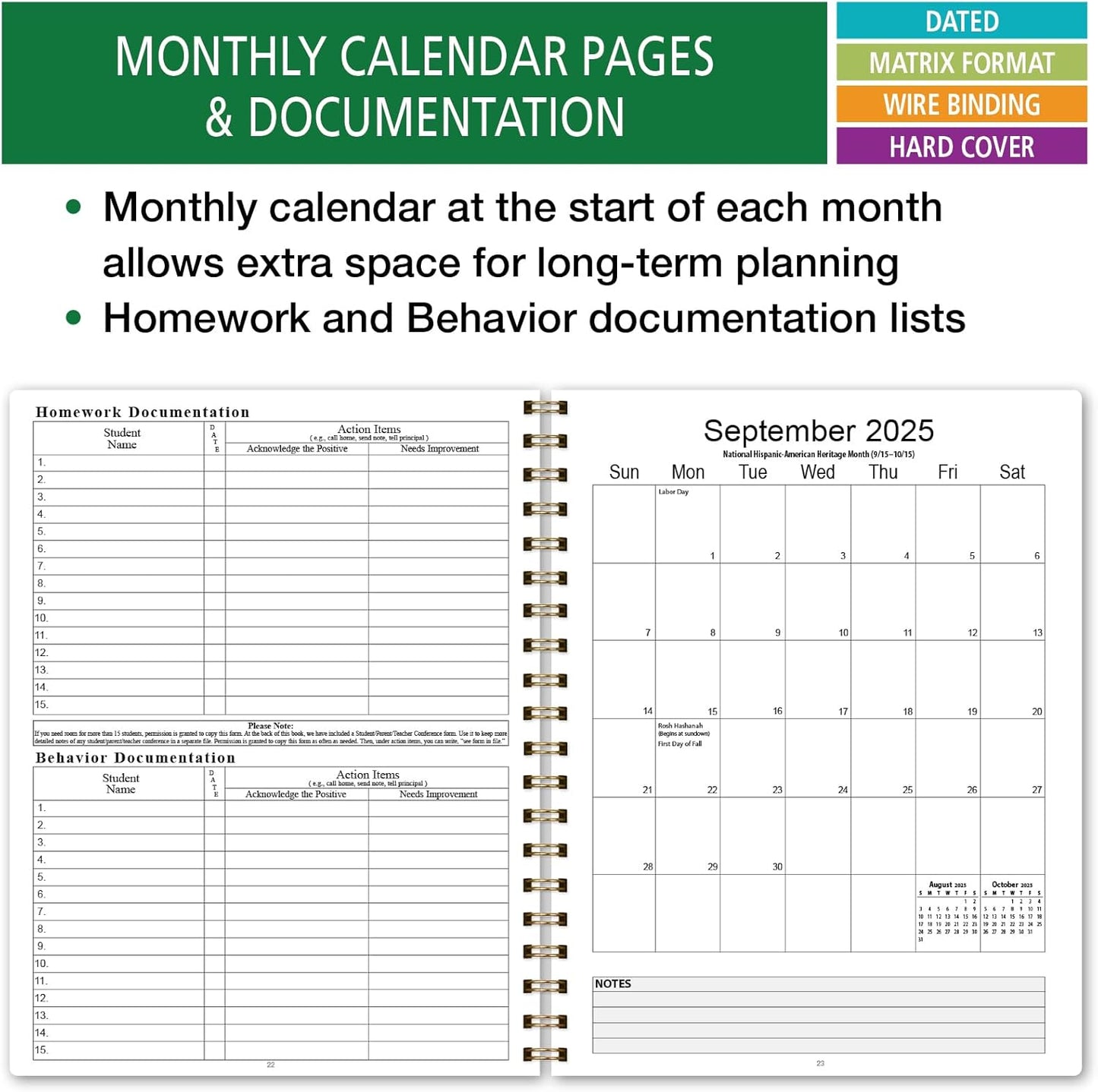 Elan Publishing Company HARDCOVER 7 Period Dated Teacher Lesson Plan; Days Horizontally Across The Top Dated for 2025-2026 Academic Year with Bonus Clip-in Bookmark (Teal Floral)