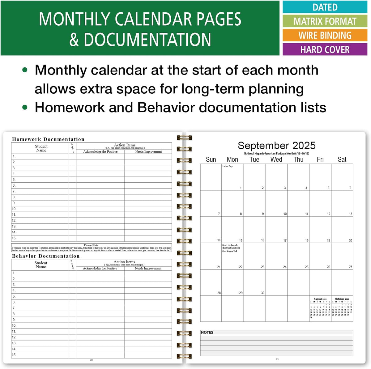 Elan Publishing Company HARDCOVER 7 Period Dated Teacher Lesson Plan; Days Horizontally Across The Top Dated for 2025-2026 Academic Year with Bonus Clip-in Bookmark (Rainbow Gold Marble)
