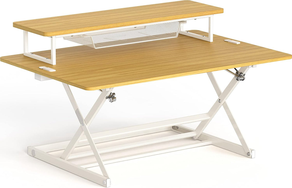 SHW 36-Inch Over Desk Height Adjustable Standing Desk with Monitor Riser, Oak