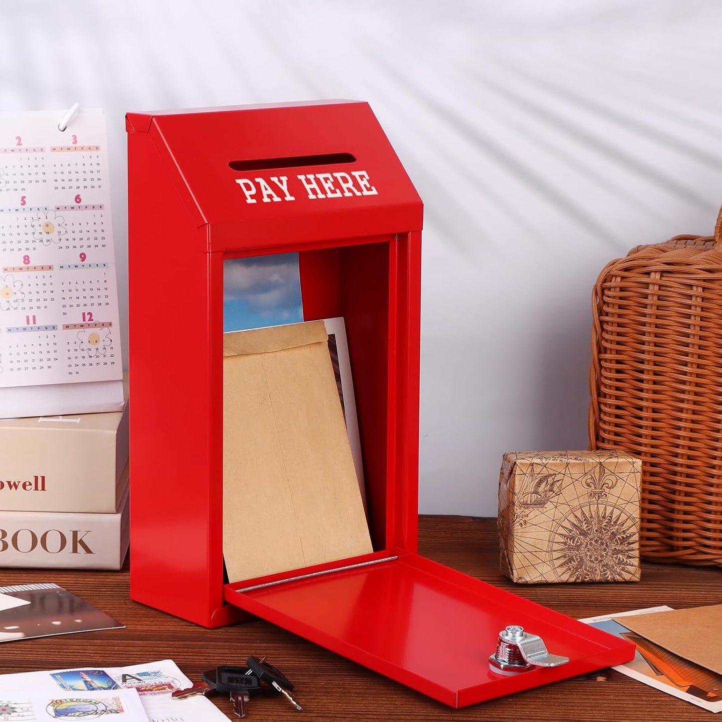 Metal Donation Box Collection Safe Suggestion Box with Lock Wall Mounted Mailbox Delivery Ballot Case Key Drop Case for Home Office Outdoor Door (Red, 10.24 x 5.71 x 2.95 Inch)