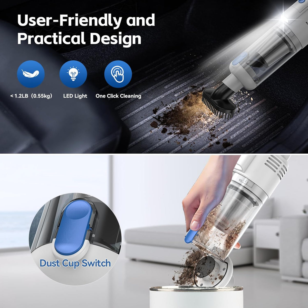 Handheld Car Vacuum Cleaner Cordless: 9500PA Powerful Suction Portable Lightweight Hand Held Vacuum - Large Capacity Battery Last Long Wireless Mini Vacuum With LED Light For Home Office Cleaning