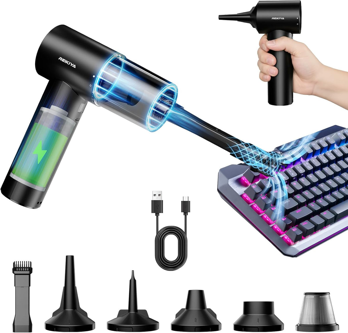 REIKIYA Car Vacuum Cleaner Portable Cordless 14000PA Compressed Air Duster 150000RPM Blower for Keyboard Computer Cleaning with LED Light& 7800mAh Battery, Inflator Pump for Balls Inflatable Mattress