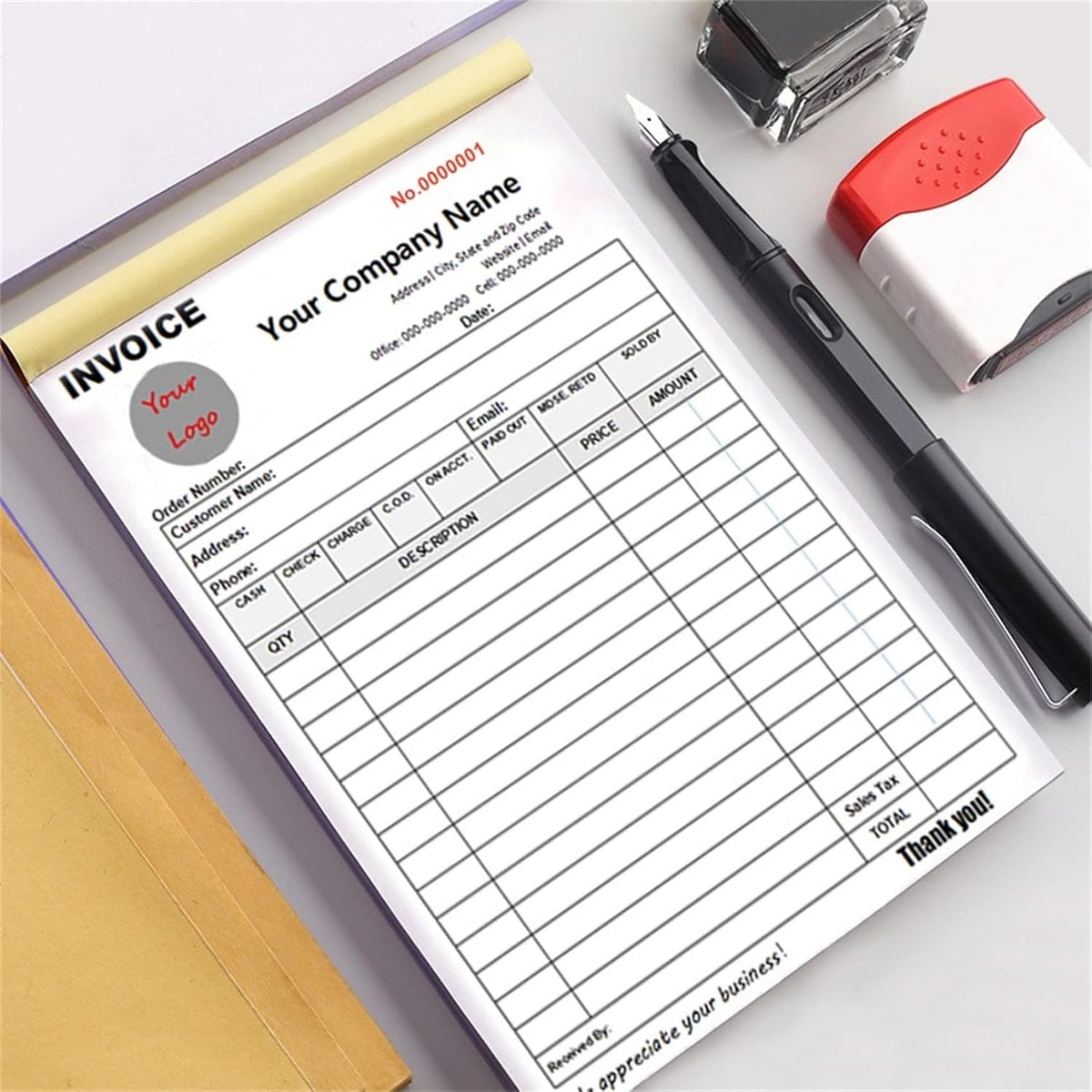 Custom Invoice Book in 3-Part /2-Part Receipt Book with Carbon Copies Personalized Carbonless Service Invoice Form Books Sales Order Book with Company Name Logo Address,A-Invoice Book with Logo