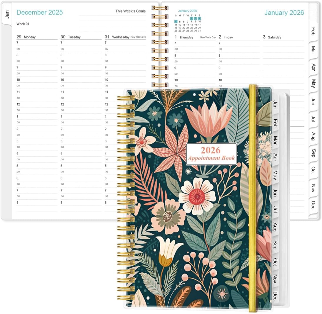 2026 Appointment Book & Planner - 2026 Daily Hourly Planner from January 2026 - December 2026, Weekly Appointment Book with 30-Minute Interval, Medium 6.4" x 8.5", Flower-B