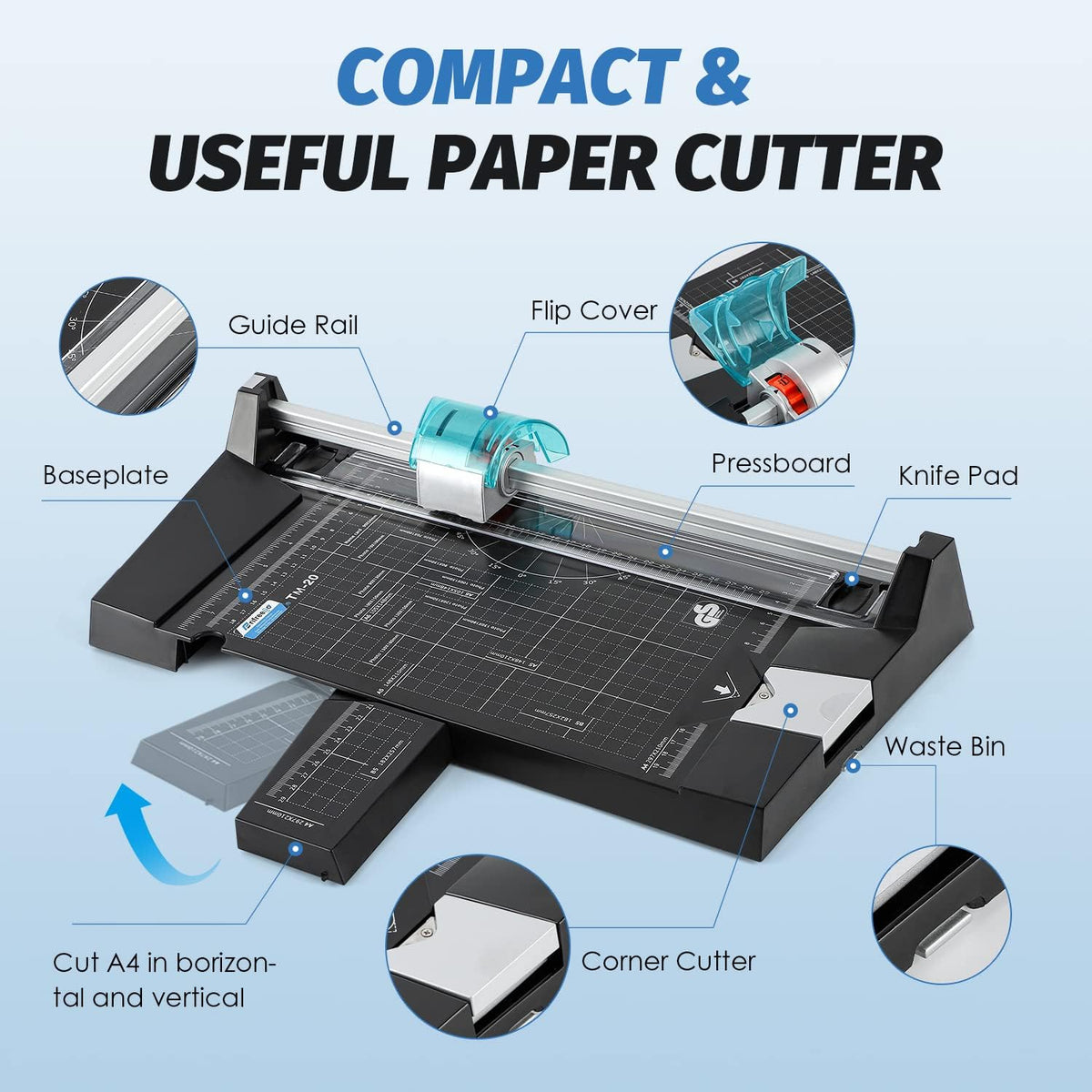 12 Inch Rotary Paper Cutter Heavy Duty, Paper Trimmer with 4 Different Blades for Straight/Wave/Dotted/Creasing Line, Suitable for Cutting Paper Coupons Photos Postcards Scrapbook