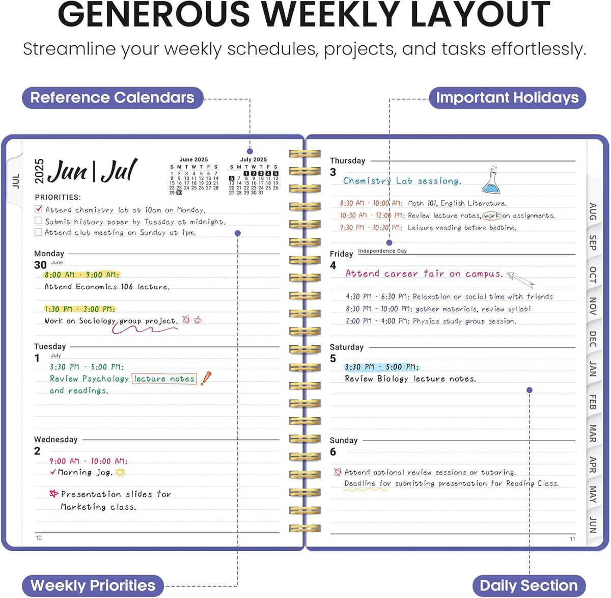 Planner 2025-2026, Academic Year Weekly and Monthly Calendar Planner, July 2025 - June 2026, Spiral Bound School Planning Tool, Perfect for Teacher, Student, Woman & Men - A5 (6.3" x 8.5"), Violet