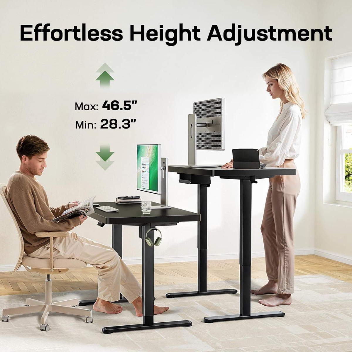 Marsail 63 x 30 Electric Standing Desk with One-Piece Desktop, Sit Stand Desk with Thickened Tabletop, Height Adjustable Stand Up Desk with Cable Management for Home Office(Frame+Desktop, 2 Packages)