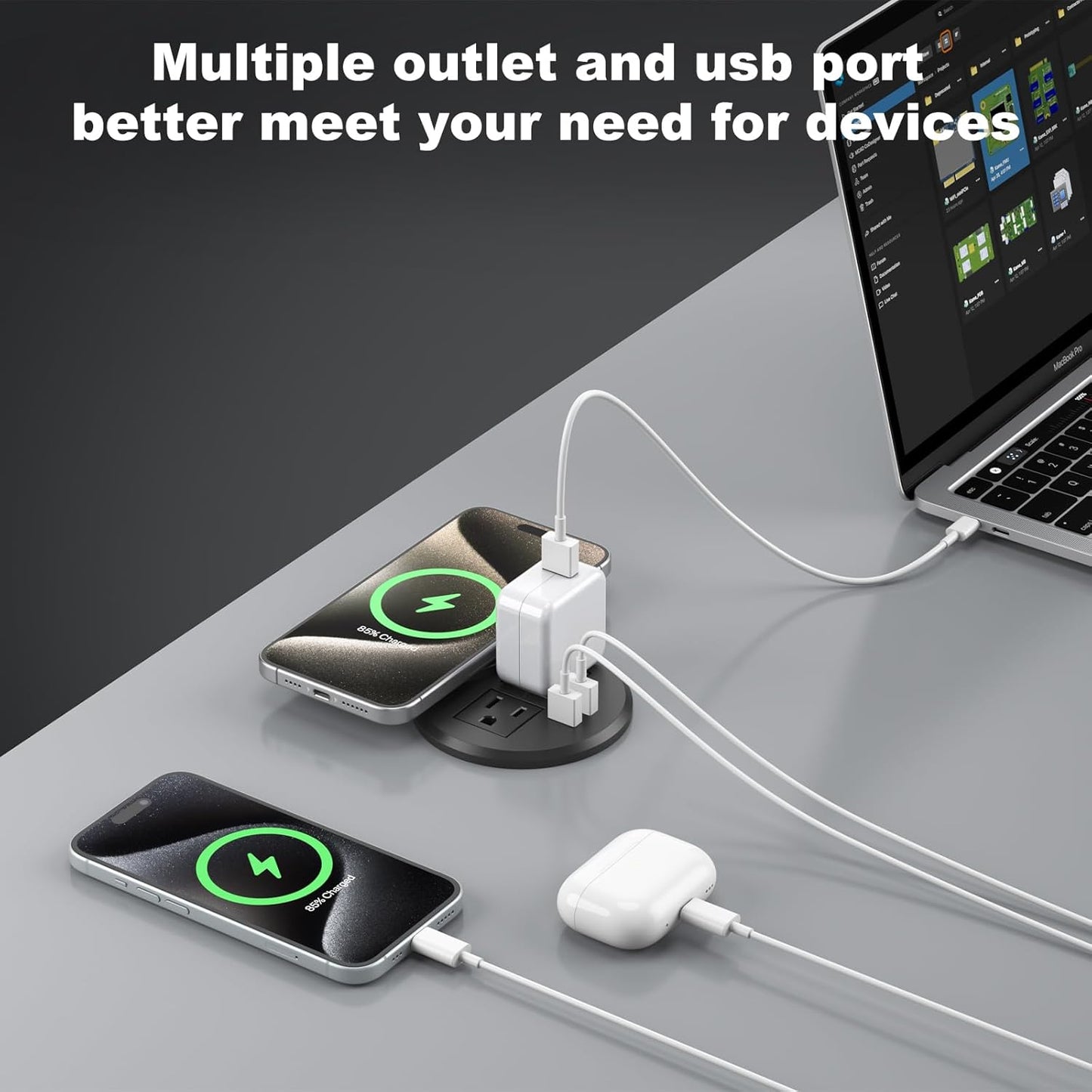 3 Inch Desk Hole Recessed Power Grommet with 15W Wireless Charger Cover, 2 USB-A Countertop Grommet Mount Power Outlet, with AC Outlets and 6ft Extension Cord Black