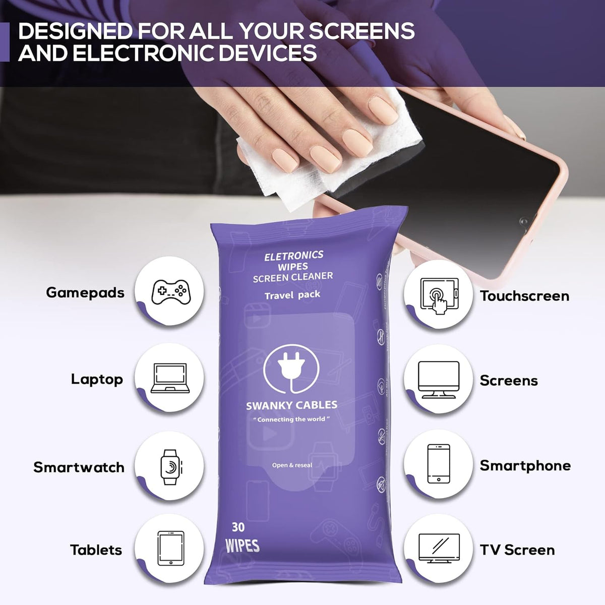 Screen Cleaner Wipes: Electronic Wipes for Screens - Computer Screen Wipes for Lens, Phone, Tv Screen and Monitor Cleaning - Tech Wipes & Microfiber Cloth (Soft Wipes, 90 Count)