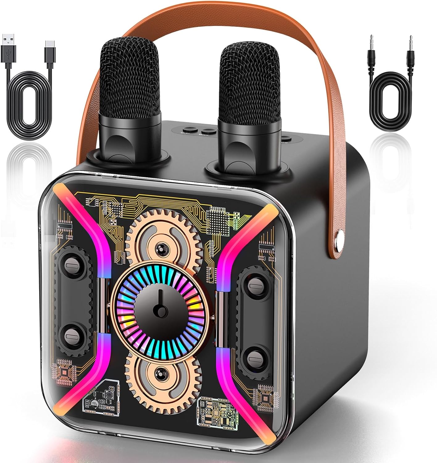 Karaoke Machine for Adults with Two Wireless Microphones, PA System Bluetooth Speaker with Microphone Supports Bass Treble, TF Card, USB, AUX, Karaoke Machine for TV, Party, Birthday (Black)