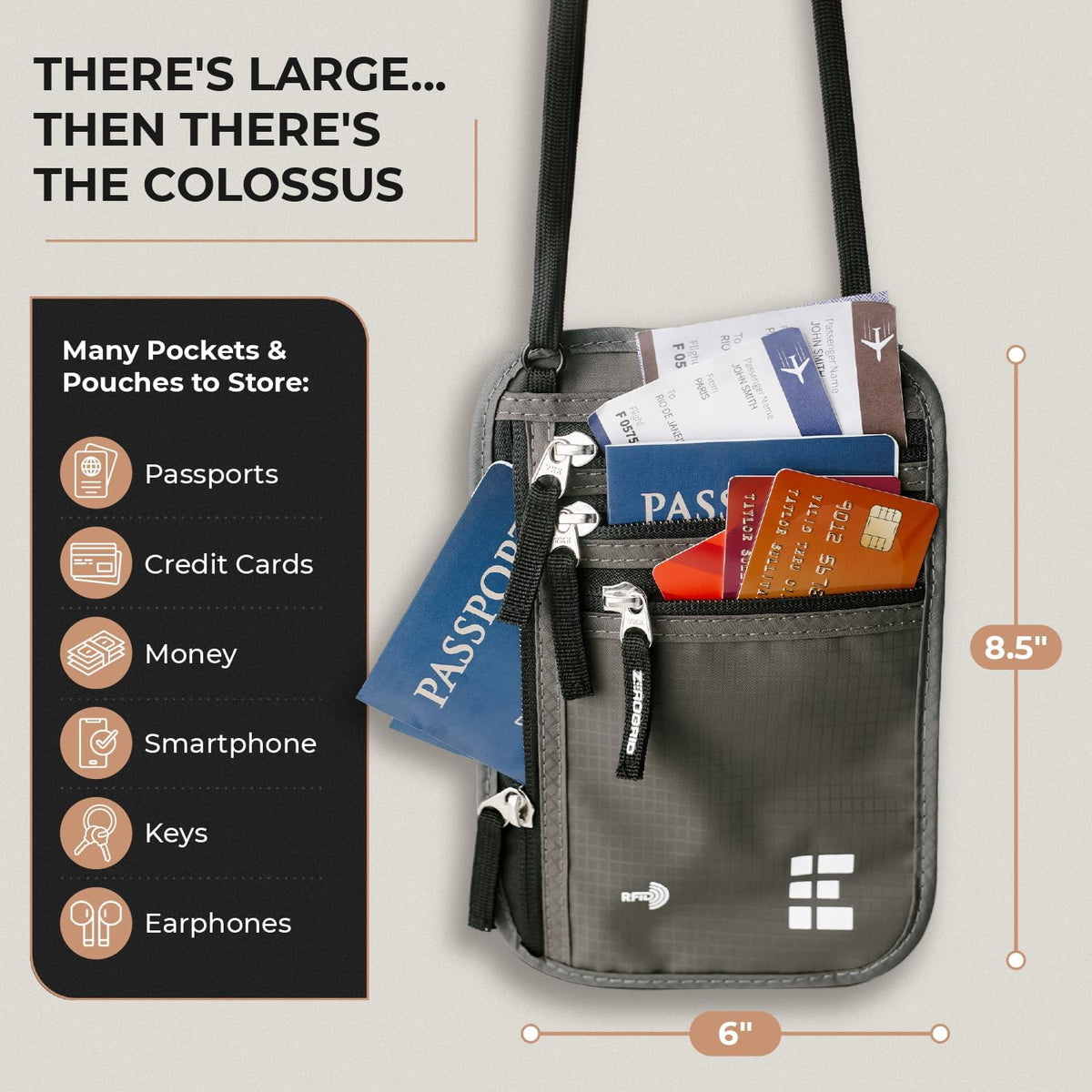 Neck Wallet for Travel & Passport Holder with RFID Blocking - Slim & Easy to Conceal Nylon Travel Pouch for men & women - Holds Phone, Cash, Cards, Keys - Sweat & Water Resistant - X-Large - Dark Grey