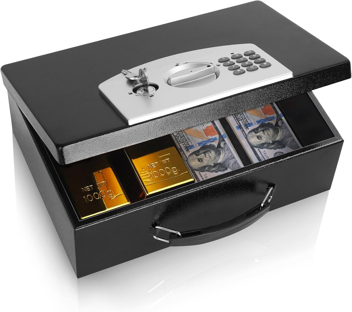 Dalmbox Portable Metal Safe Box with Digital Code Lock,Fire Resistant Storage for Documents, Fireproof Safe Box, Car, Home, Office and Outside, Black Box， Medium
