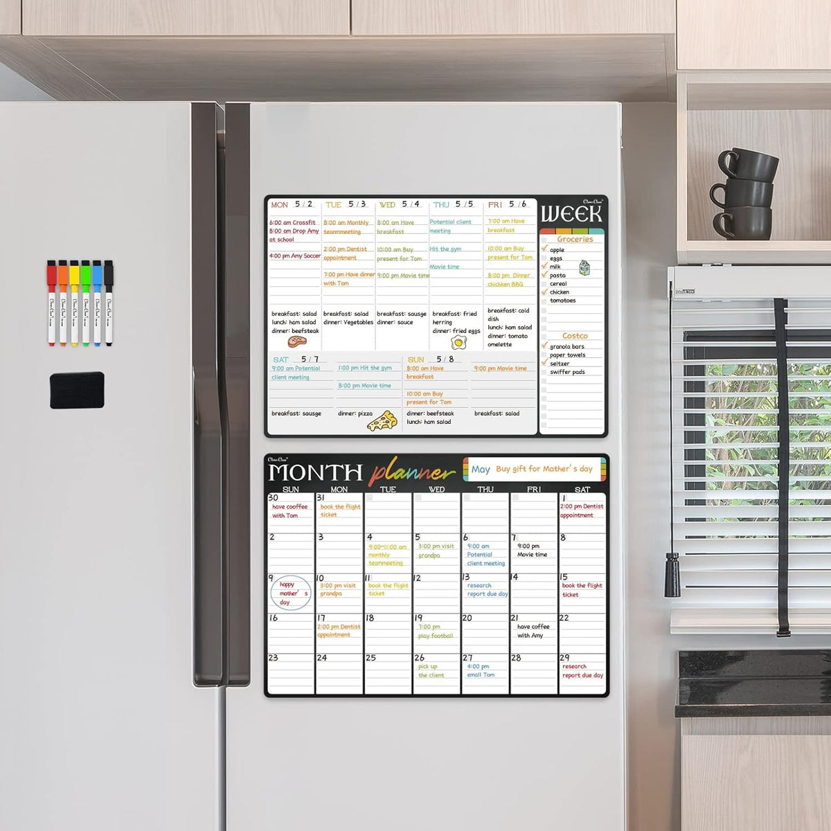 Magnetic Dry Erase Monthly and Weekly Calendar - 17"x12" Monthly and Weekly Whiteboard for Fridge - 6 Extra Fine Point Markers Included - Shipped Flat