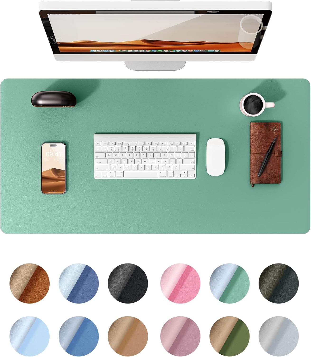 YSAGi Leather Desk Protector, Office Mat, Large Mouse Mat, Non-Slip PU Leather Blotter, Laptop Desk Pad, Waterproof Writing Pad for Office and Home (Green-Blue, 23.6" x 13.8")