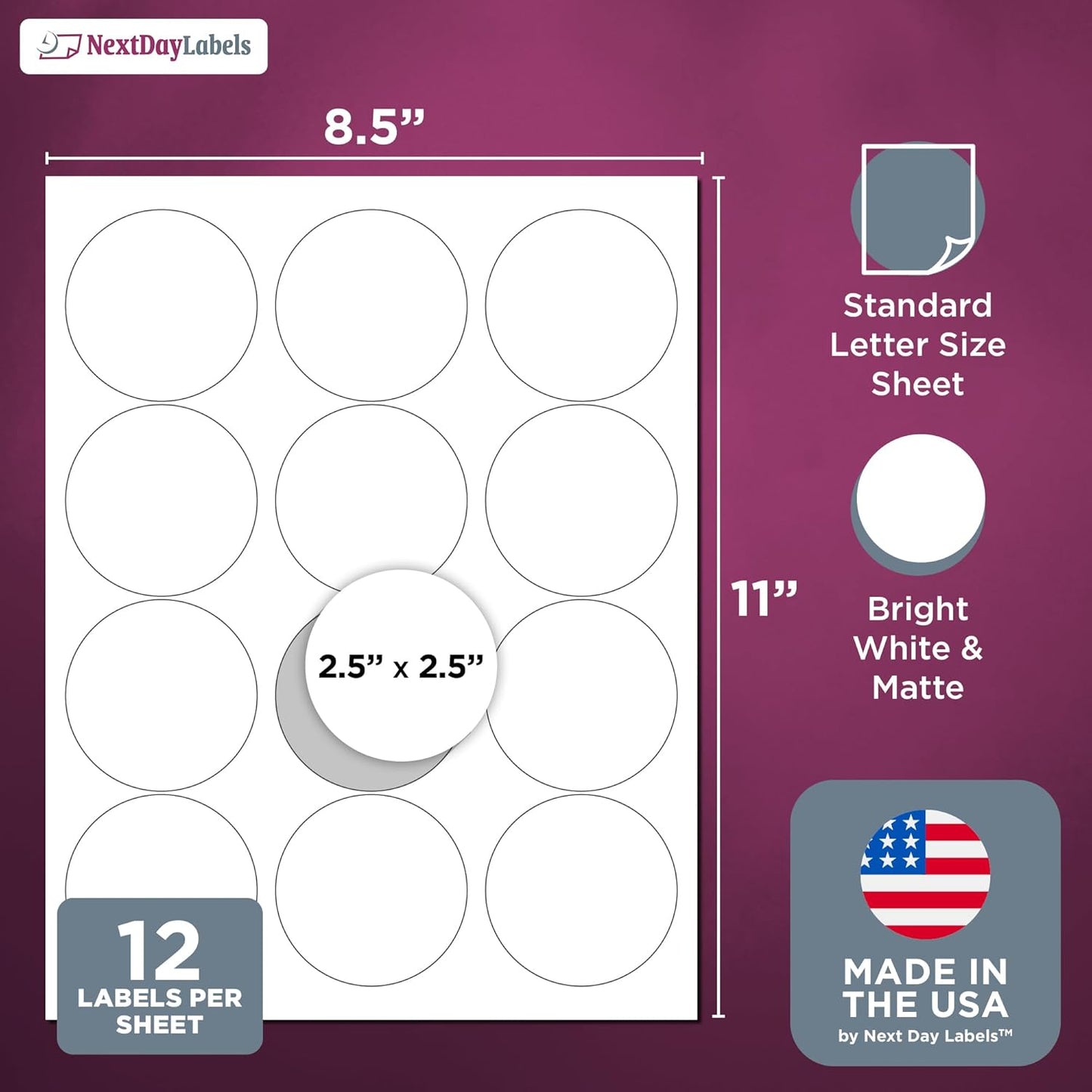 NextDayLabels - 2.5 Inch Round Sticker Labels (3000 Total) - Matte White Blank Laser/Inkjet Printer Labels - Circle Stickers (250 Sheets, 12 Per Sheet)