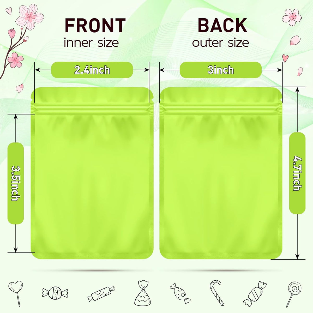 Funfery 100 Pack Green Mylar Packaging Bags Resealable Bags Double Sided Color Odor Proof Pouch Baggies Smell Proof Foil Bag for Food Storage,Small Business(Green,3x4inch)