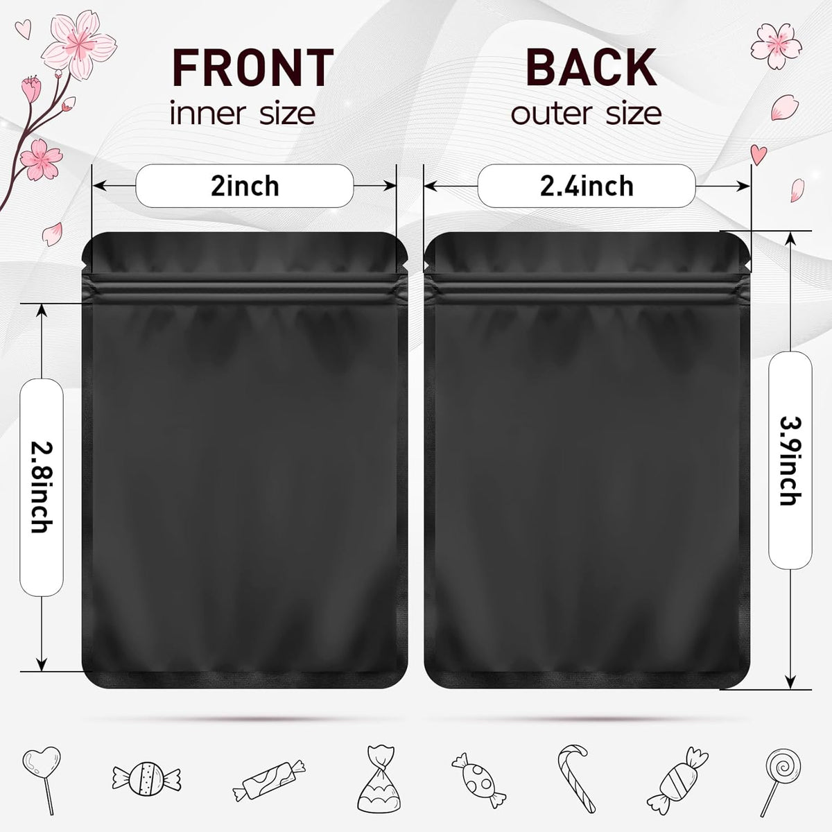 Funfery 100 Pack Black Mylar Packaging Bags Resealable Bags Double Sided Color Odor Proof Pouch Baggies Smell Proof Foil Bag for Food Storage,Small Business(Black,2.4x3.9inch)