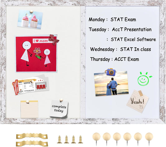 Bulletin Board Whiteboard White Felt Board Combo for Office School Kitchen Bedroom, White Wood Frame,17.7"*23.6",Whiteboard+WH-4560WH