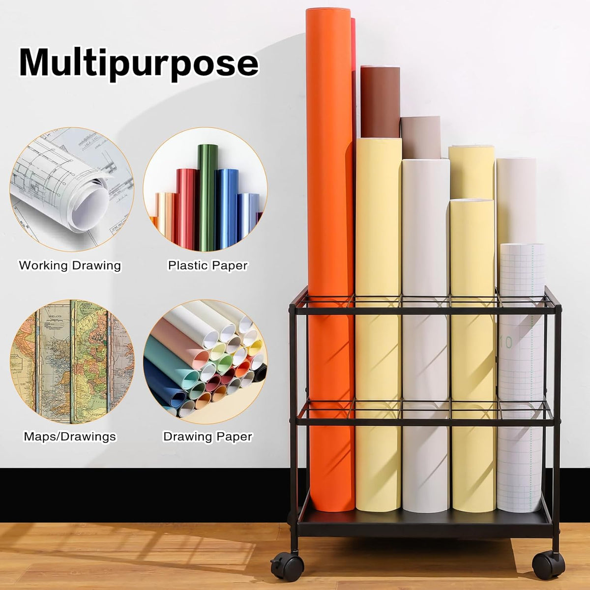 Blueprint Storage Rack Cart - 20 Slots Metal Blueprint Holder with Double-Layer Grids Ensures Secure, Non-Slip Storage, Organizing Posters, Architectural Plans, and Artwork Stably. (20 Slots)