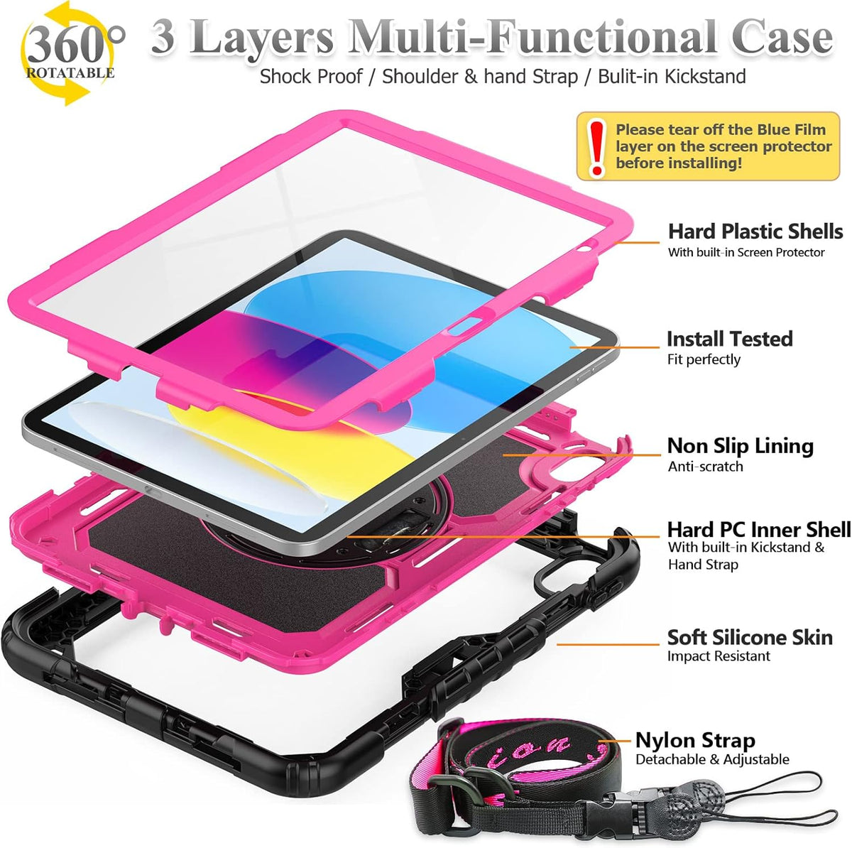 SEYMAC stock Case for iPad (A16) 11th/10th Generation 11''/10.9'' 2025/2022, Full-Body Drop Protection Case with Screen Protector &360° Rotate Hand Strap/Stand, Pink+Black