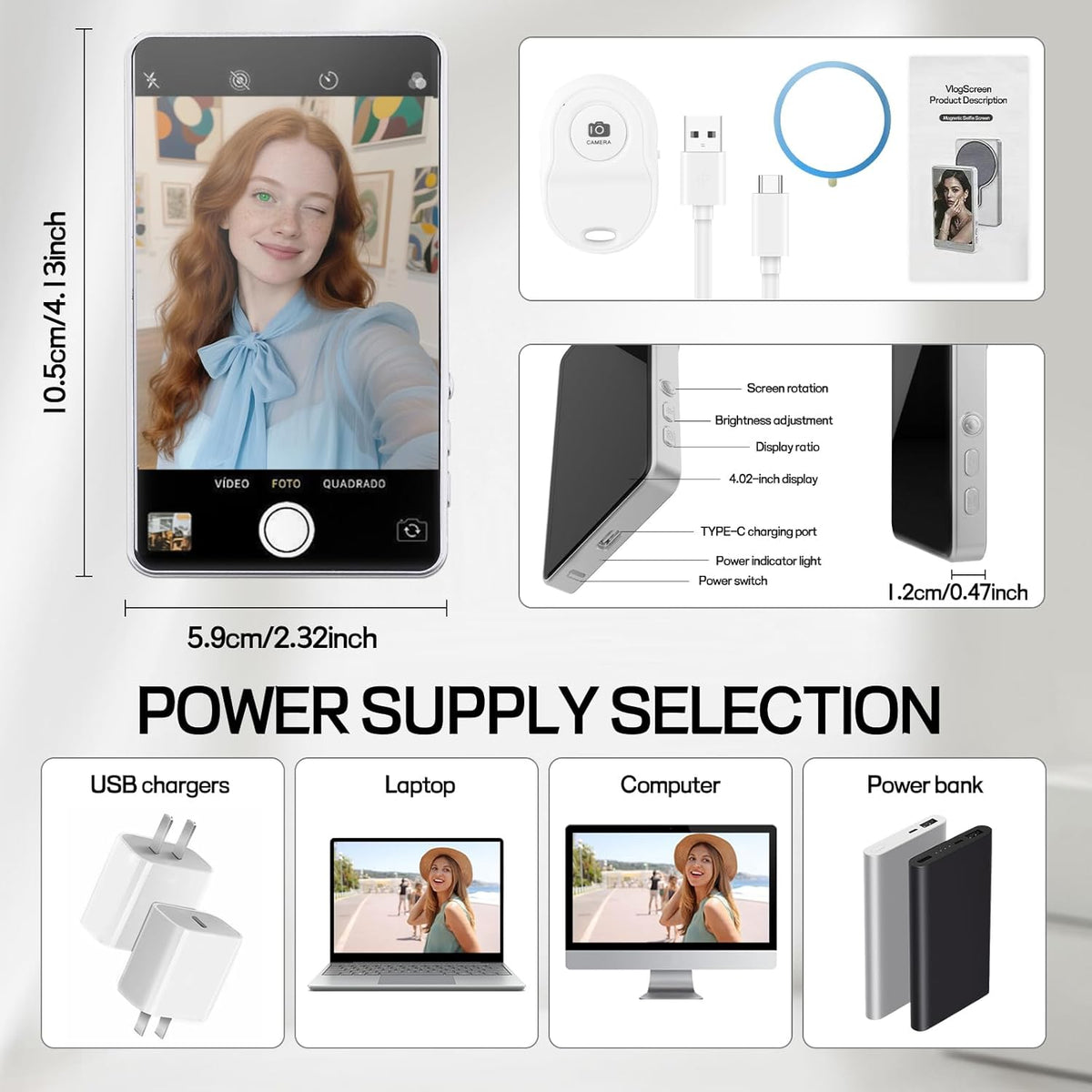 Selfie Monitor Screen iPhone, Vlog Magnetic 4K 60fps Video Recording for iPhone & Android, Back Camera Monitor iPhone with Bluetooth Remote No Delay Live Stream for TikTok White