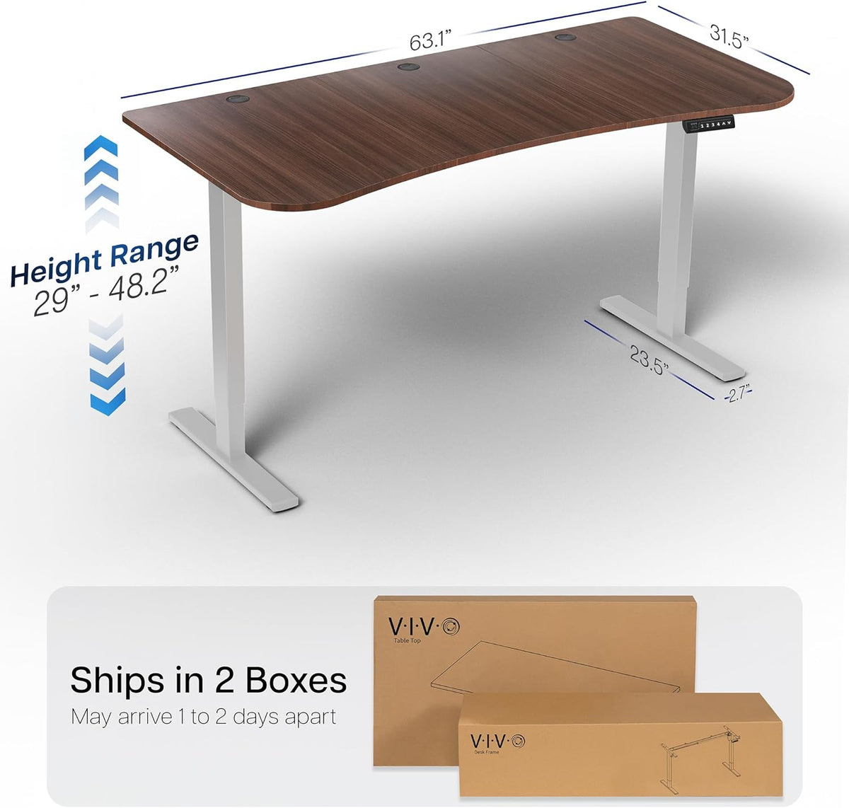 VIVO Electric 63 x 32 in Standing Desk, Memory Height Adjustment, 1B Series, Dark Walnut Top Gray Frame, DESK-KIT-1G1D
