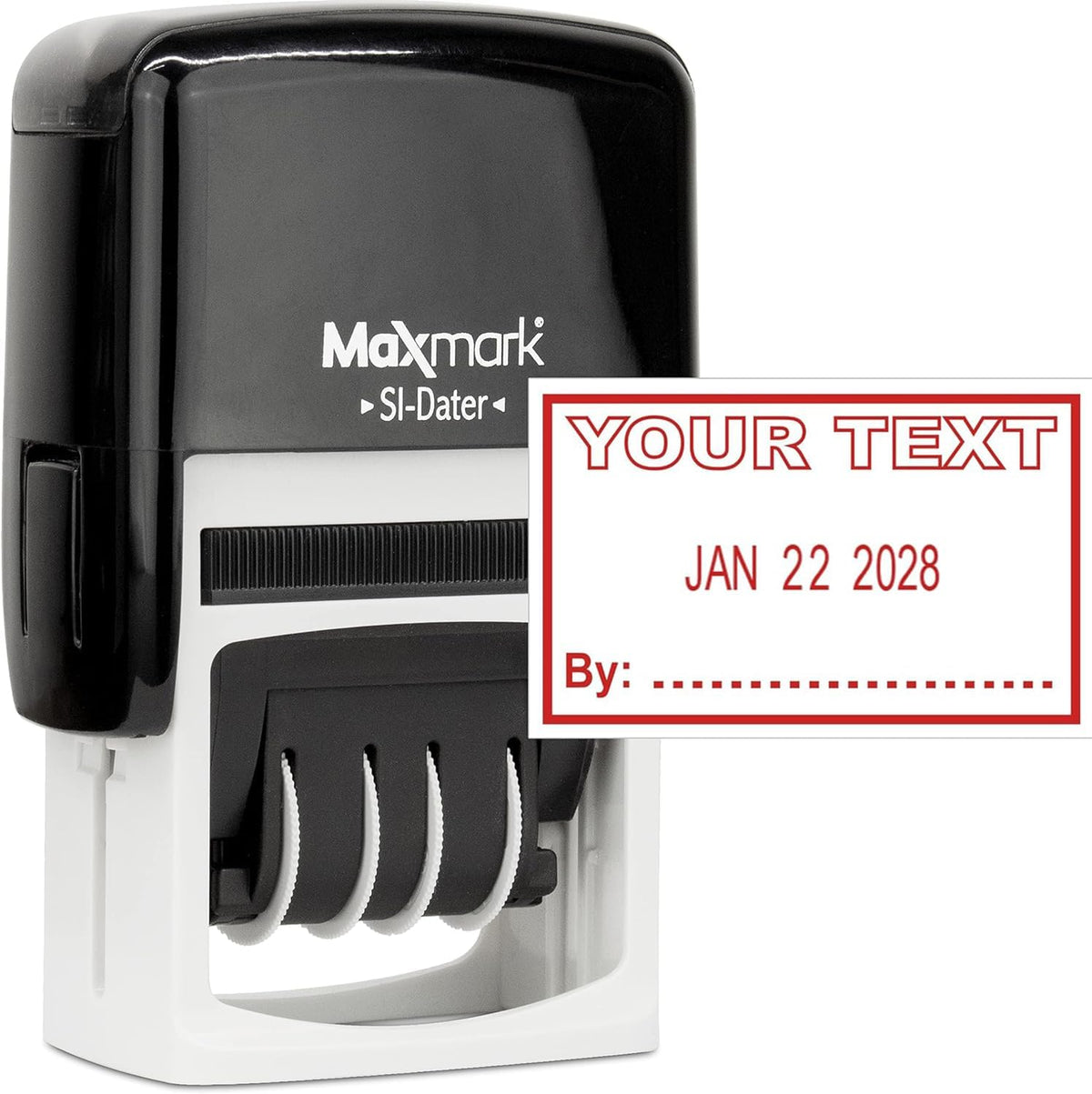 MaxMark Office Date Self Inking Stamp with Your Custom Text - 1" x 1-5/8” - Choice of Ink Color