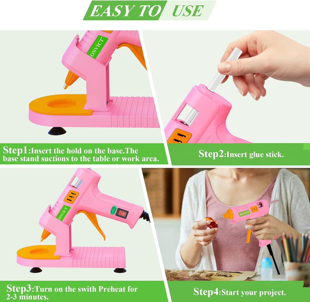 MONVICT Pink Hot Glue Gun Kit, Mini Glue Gun with Suction Cups Stand Anti Stick Silicone Mat, Hot Melt Glue Gun with Fine Tip & 30 Glue Sticks, On/Off Switch Design for DIY, Craft, Home School Project