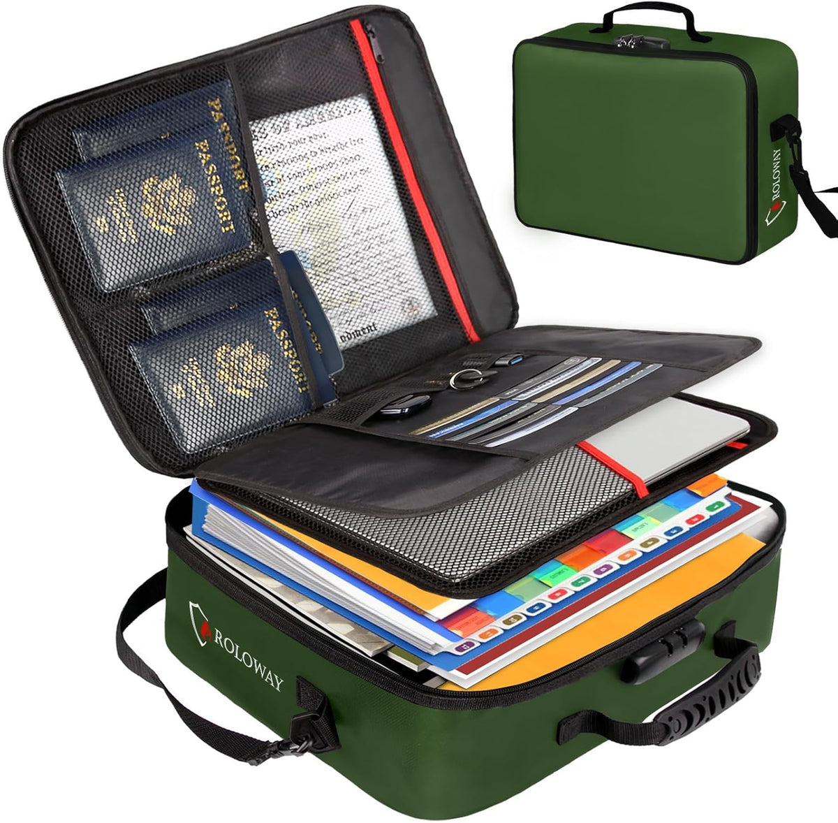 ROLOWAY Fireproof Document Bag with Lock (17 x 11.8 x 5 inch), Important Document Storage Bag with Multi-Layer File Organizers (Green)