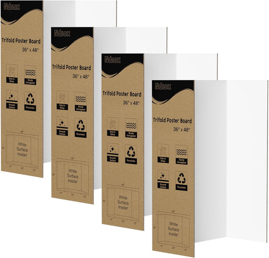 Ndsox 4 Pack 36" x 48" White Trifold Poster Board Large Corrugated Tri Fold Business Presentation Boards Picture Posterboard for Science Fairs, School Projects, Event Displays, Art Exhibitions
