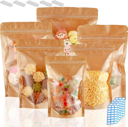 150-Pack Kraft Paper Bags with Clear Window 5" x 8" Reclosable Small Stand Up Mylar Bags for Food Storage Resealable Smell Proof Pouch, Edible Packaging, Reusable bags for Small Business